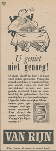 716036 Advertentie voor Van Rijn's Mosterd, geproduceerd bij Van Rijn's Mosterd- en Azijnfabrieken, [Nieuwe Kade 11-13] ...